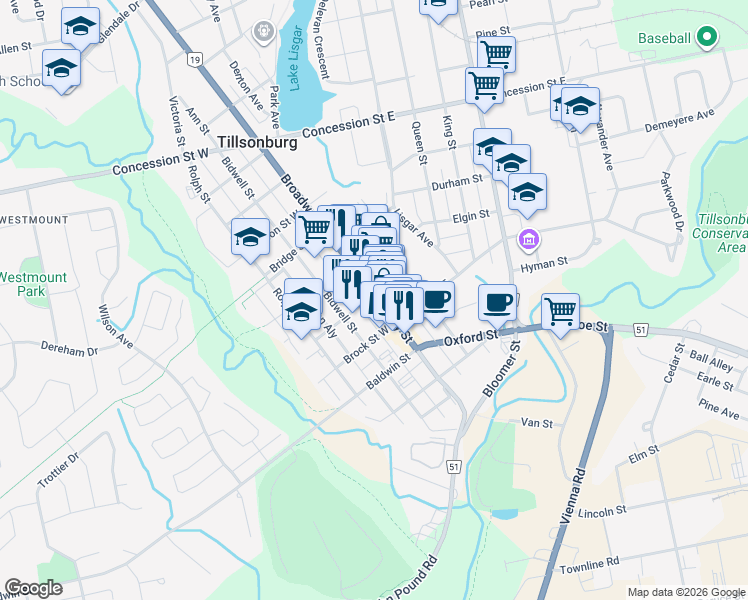 map of restaurants, bars, coffee shops, grocery stores, and more near 157 Broadway Street in Tillsonburg