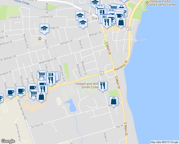 map of restaurants, bars, coffee shops, grocery stores, and more near 33 Argyle Street in Geneva