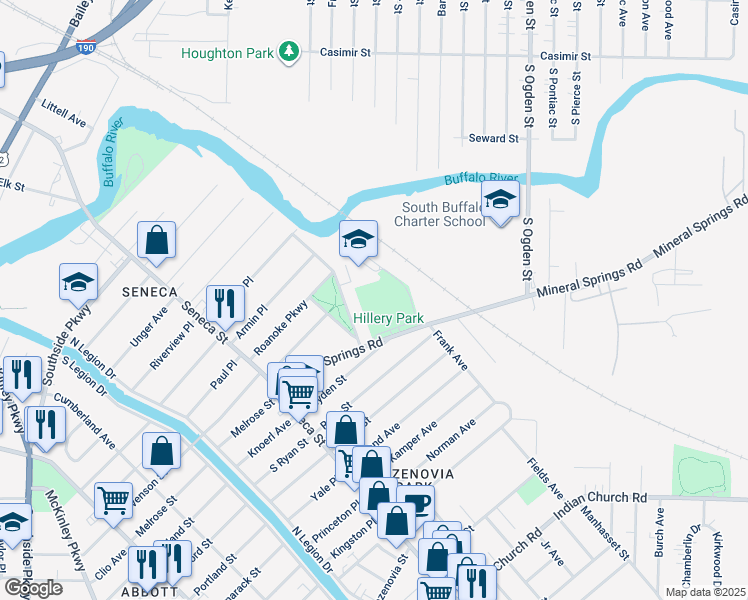 map of restaurants, bars, coffee shops, grocery stores, and more near 106 Mineral Springs Road in Buffalo