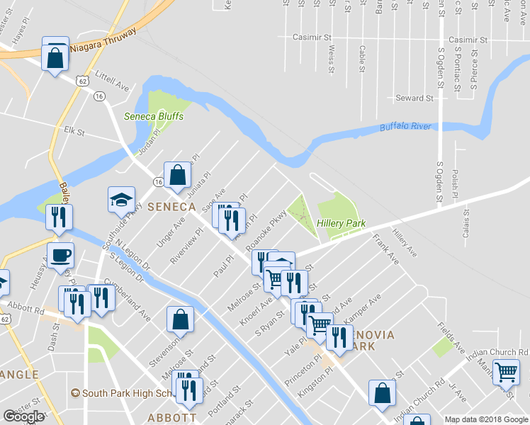 map of restaurants, bars, coffee shops, grocery stores, and more near 73 Armin Place in Buffalo