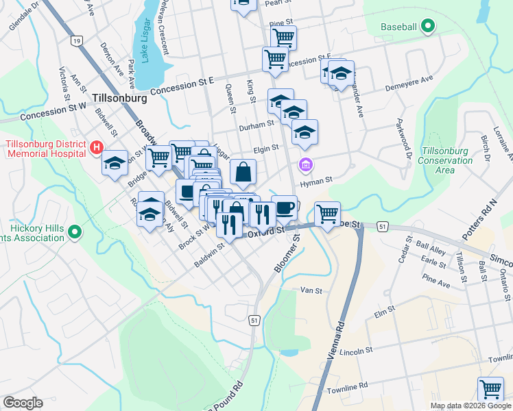 map of restaurants, bars, coffee shops, grocery stores, and more near 10 McKenzie Street in Tillsonburg