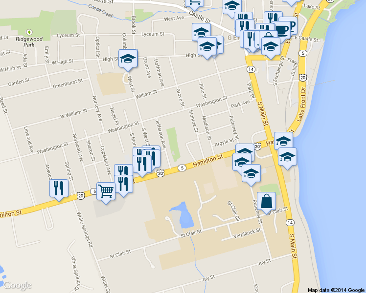 map of restaurants, bars, coffee shops, grocery stores, and more near 24 Delancey Dr in Geneva