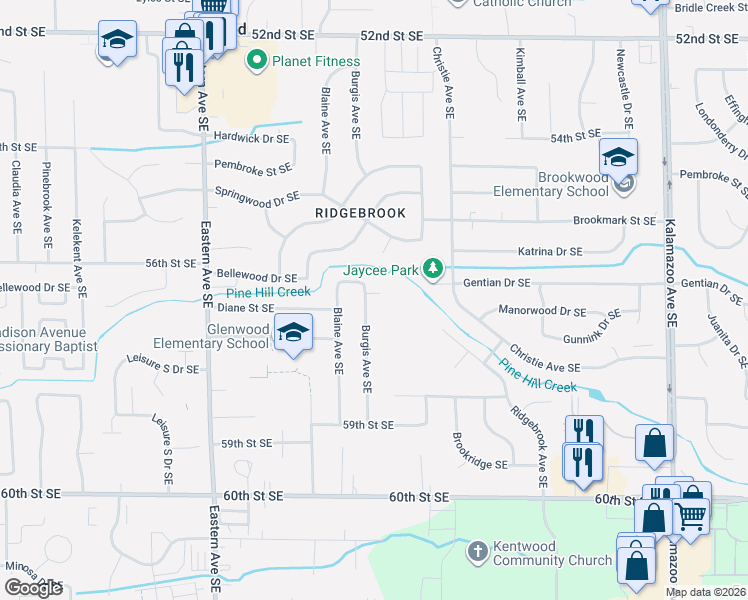 map of restaurants, bars, coffee shops, grocery stores, and more near 5658 Burgis Avenue Southeast in Kentwood