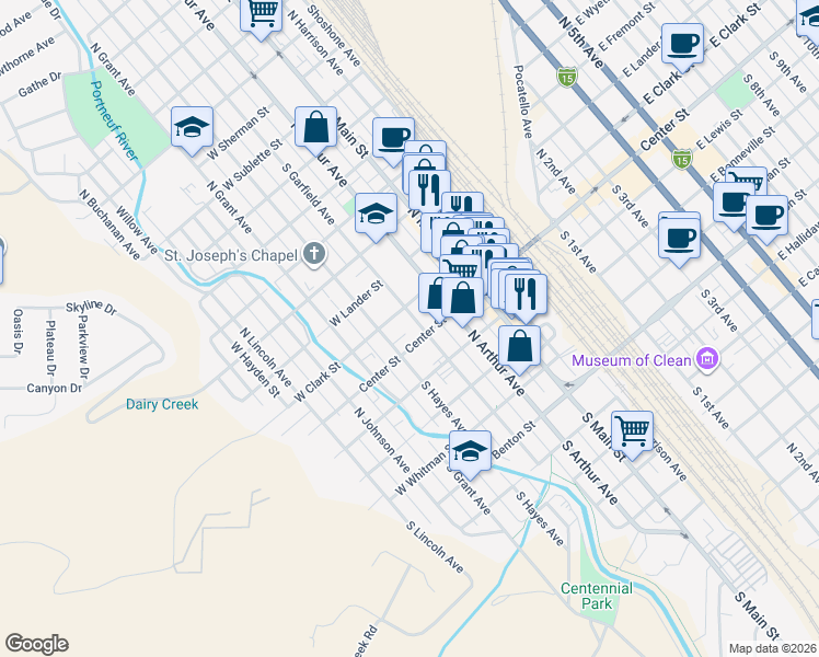 map of restaurants, bars, coffee shops, grocery stores, and more near 125 North Garfield Avenue in Pocatello