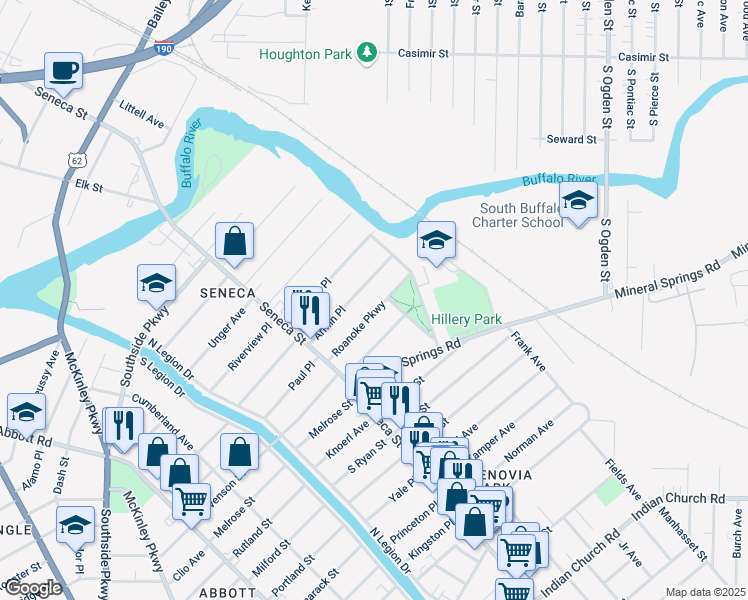 map of restaurants, bars, coffee shops, grocery stores, and more near 86 Roanoke Parkway in Buffalo