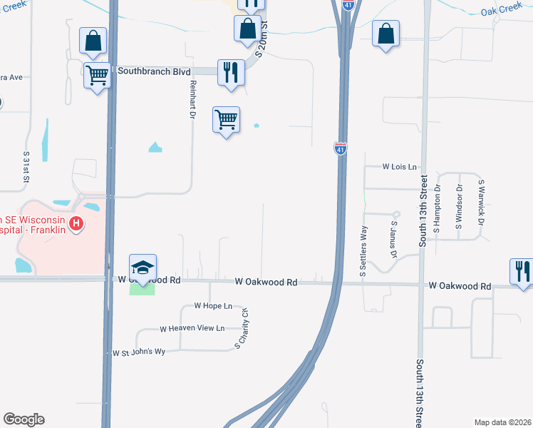 map of restaurants, bars, coffee shops, grocery stores, and more near 10132 South Judith Place in Oak Creek