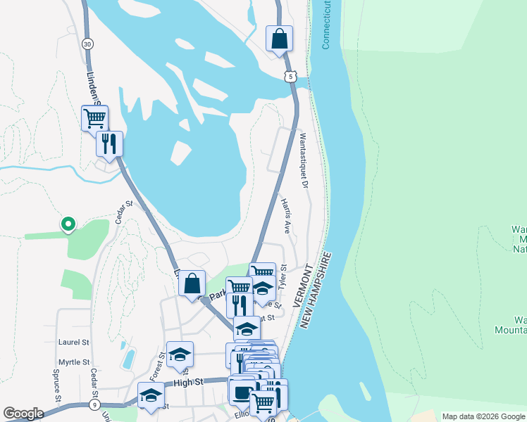 map of restaurants, bars, coffee shops, grocery stores, and more near 202 Putney Road in Brattleboro