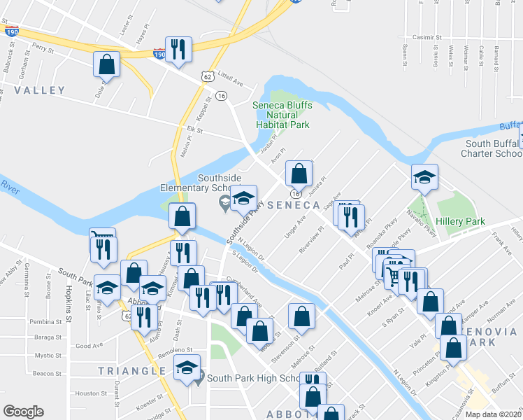 map of restaurants, bars, coffee shops, grocery stores, and more near 471 Southside Parkway in Buffalo