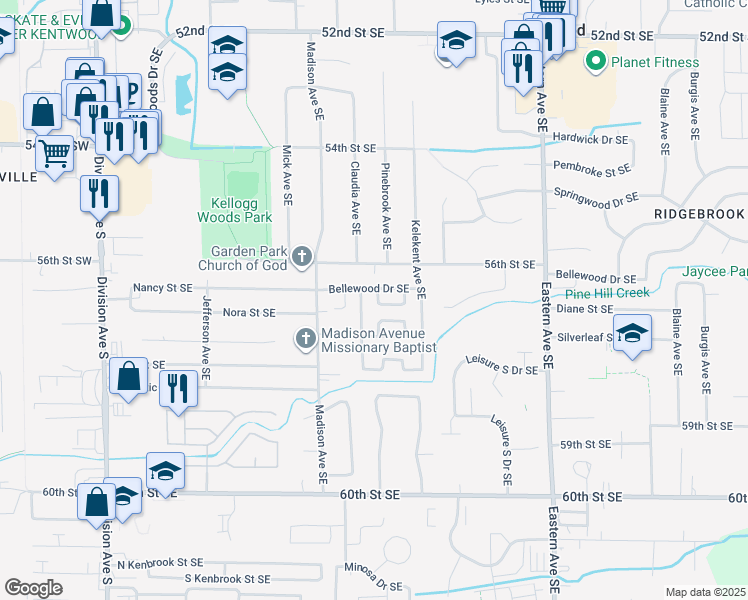 map of restaurants, bars, coffee shops, grocery stores, and more near 5649 Pinebrook Avenue Southeast in Kentwood