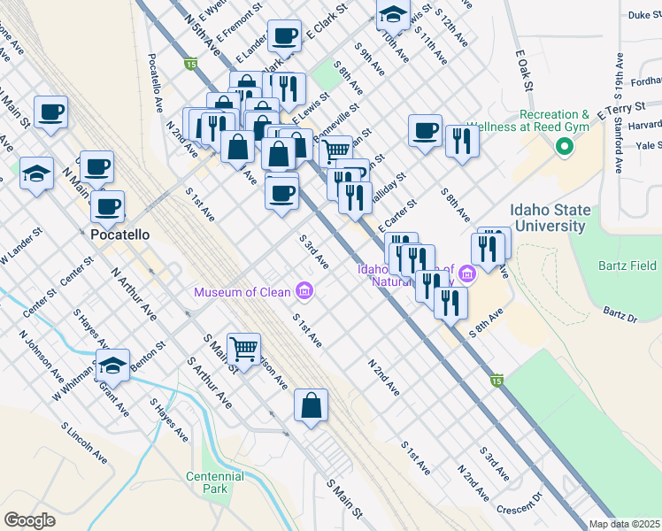 map of restaurants, bars, coffee shops, grocery stores, and more near 429 East Carter Street in Pocatello