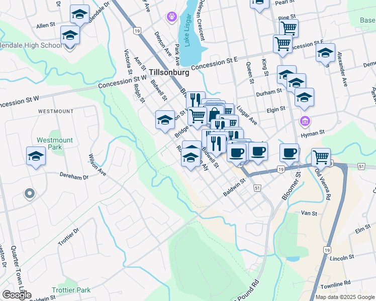 map of restaurants, bars, coffee shops, grocery stores, and more near 52 Washington Grand Avenue in Tillsonburg