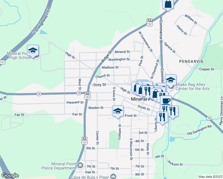map of restaurants, bars, coffee shops, grocery stores, and more near 107 South Iowa Street in Mineral Point