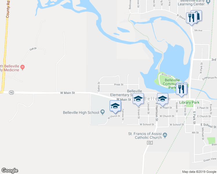 map of restaurants, bars, coffee shops, grocery stores, and more near 660 Prisk Street in Belleville