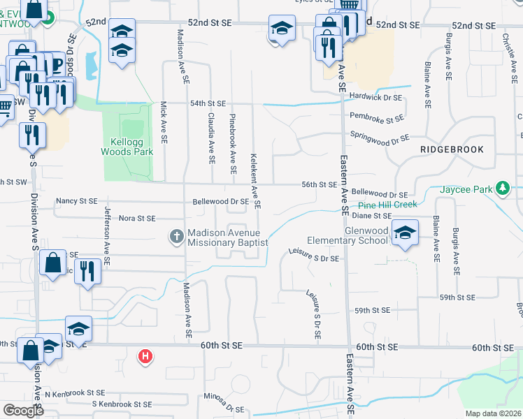 map of restaurants, bars, coffee shops, grocery stores, and more near 5656 Kelekent Avenue Southeast in Kentwood