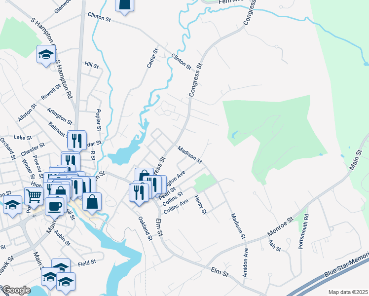 map of restaurants, bars, coffee shops, grocery stores, and more near 9 Madison Street in Amesbury