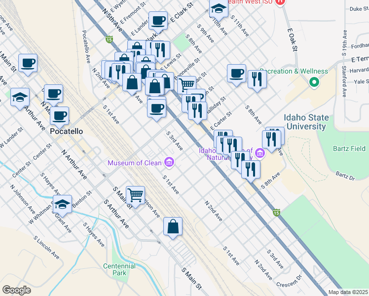 map of restaurants, bars, coffee shops, grocery stores, and more near 404 East Carter Street in Pocatello