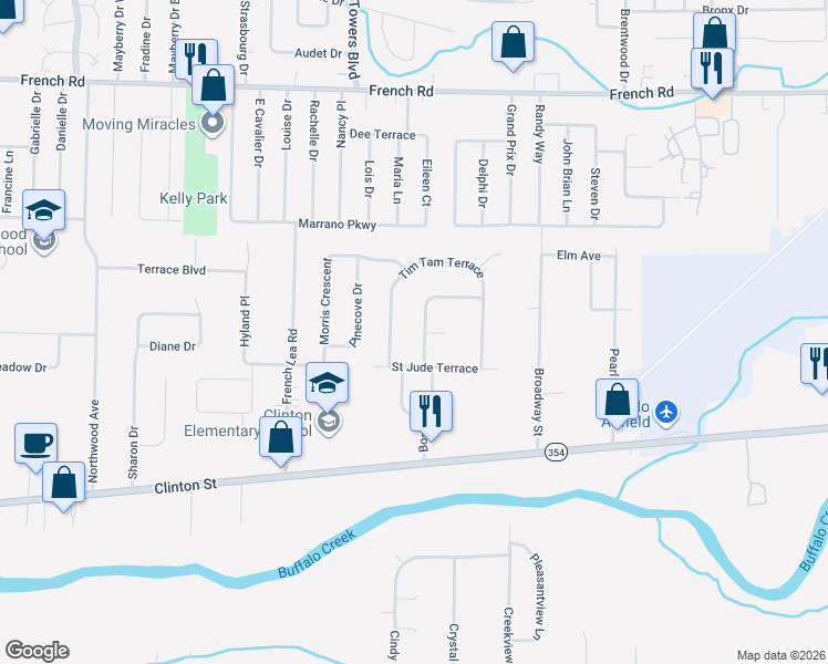 map of restaurants, bars, coffee shops, grocery stores, and more near 34 Organ Crescent in Buffalo