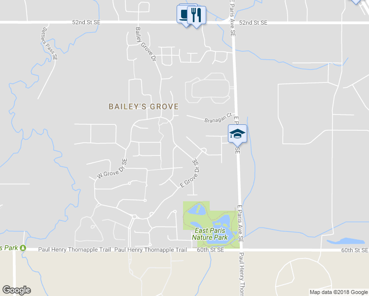 map of restaurants, bars, coffee shops, grocery stores, and more near 5650 East Grove Drive Southeast in Kentwood