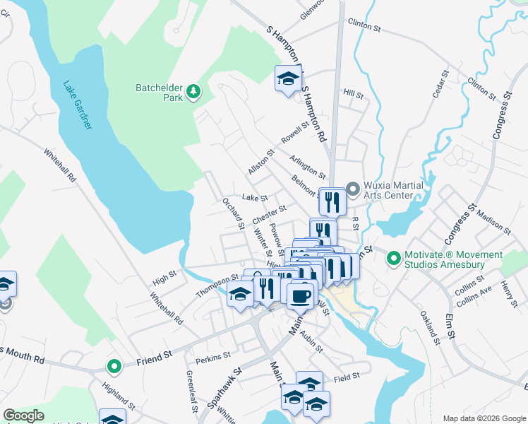 map of restaurants, bars, coffee shops, grocery stores, and more near 17 Chester Street in Amesbury