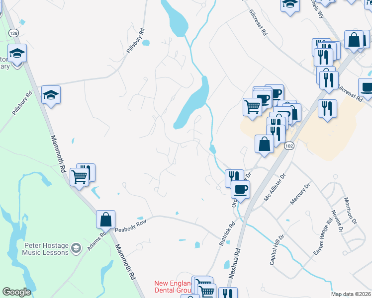 map of restaurants, bars, coffee shops, grocery stores, and more near 16 Winding Pond Road in Londonderry