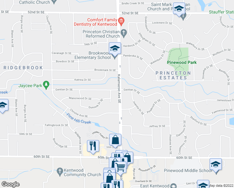 map of restaurants, bars, coffee shops, grocery stores, and more near 5653 Kalamazoo Avenue Southeast in Kentwood
