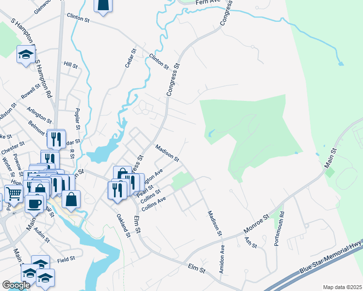 map of restaurants, bars, coffee shops, grocery stores, and more near 23 Providence Street in Amesbury