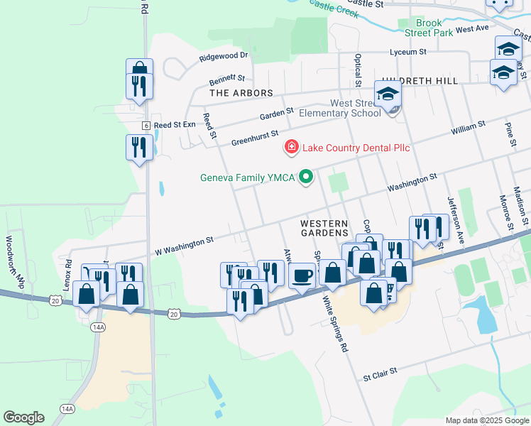 map of restaurants, bars, coffee shops, grocery stores, and more near 5 Linwood Avenue in Geneva