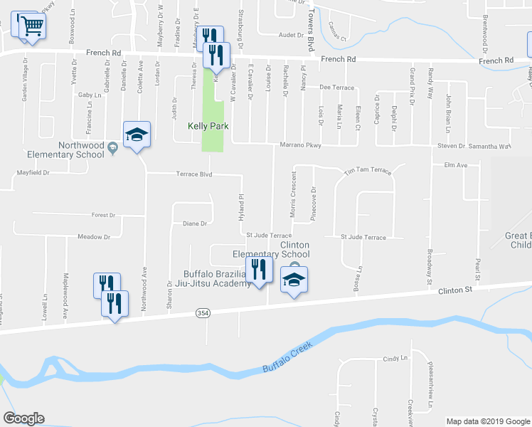 map of restaurants, bars, coffee shops, grocery stores, and more near 154 French Lea Road in Buffalo
