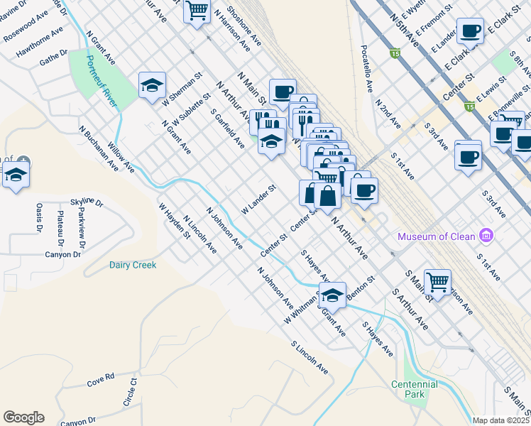 map of restaurants, bars, coffee shops, grocery stores, and more near 217 North Hayes Avenue in Pocatello