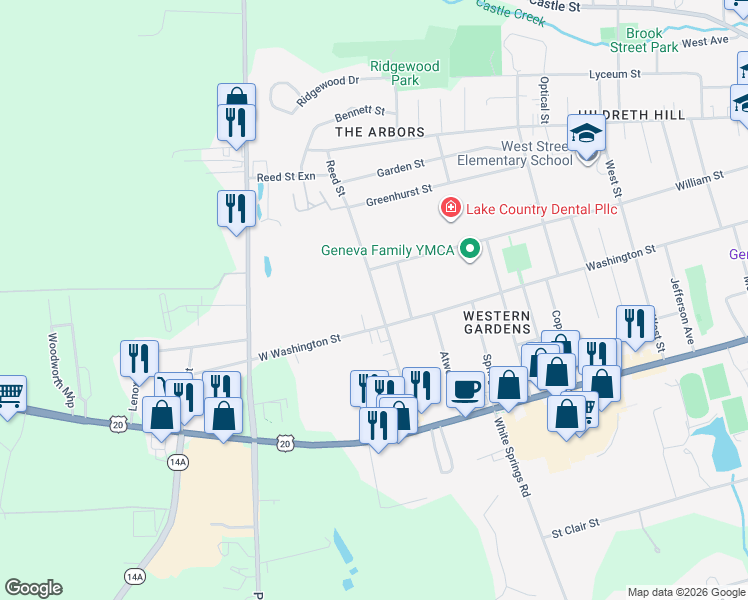 map of restaurants, bars, coffee shops, grocery stores, and more near 168 Reed Street in Geneva