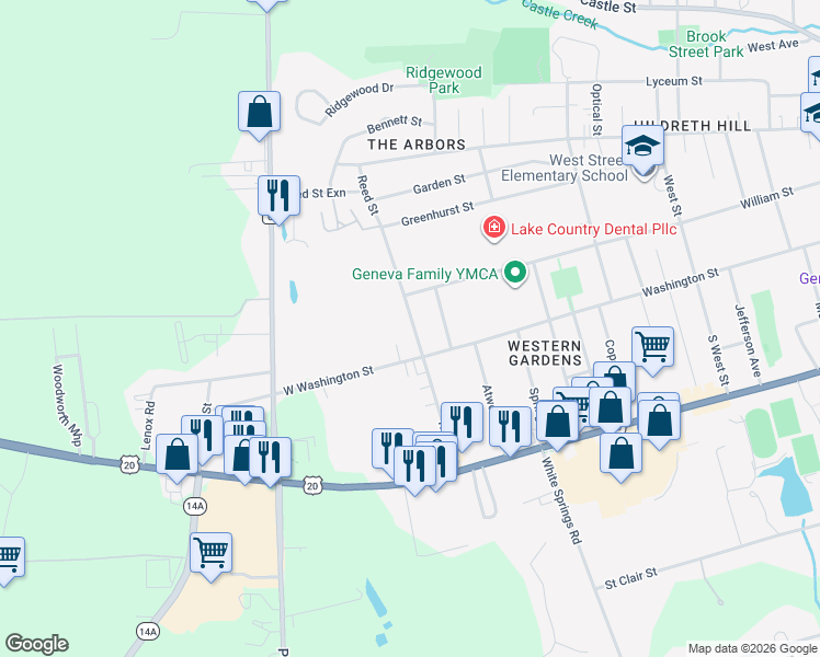 map of restaurants, bars, coffee shops, grocery stores, and more near 168 Reed Street in Geneva