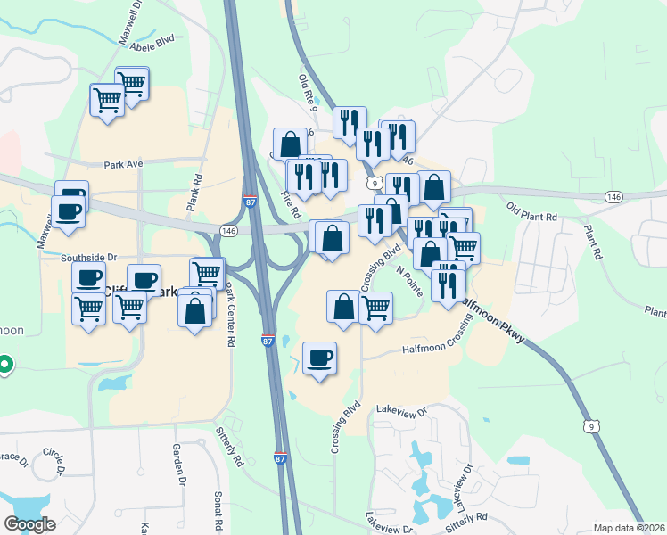 map of restaurants, bars, coffee shops, grocery stores, and more near 54 Crossing Boulevard in Saratoga County