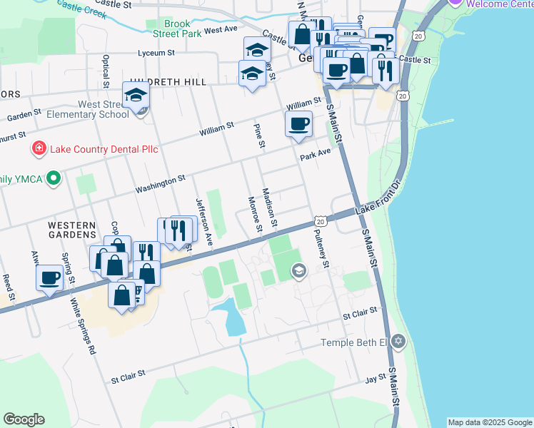 map of restaurants, bars, coffee shops, grocery stores, and more near 71 Monroe Street in Geneva