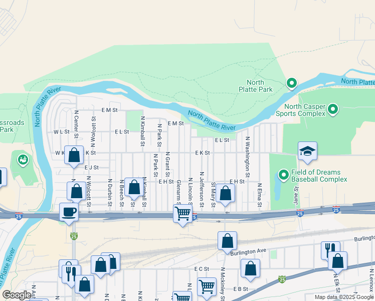 map of restaurants, bars, coffee shops, grocery stores, and more near 764 East K Street in Casper