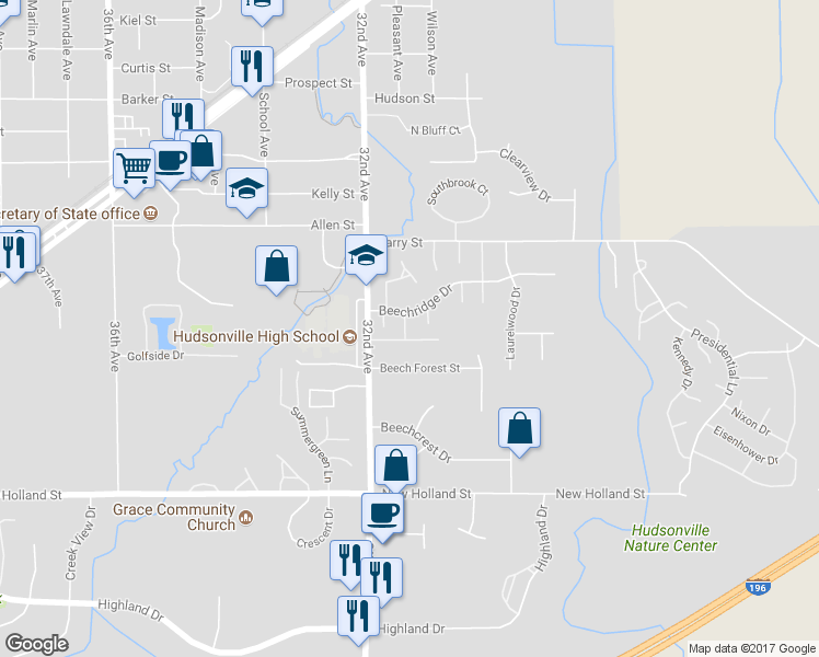 map of restaurants, bars, coffee shops, grocery stores, and more near 3153 Beechnut Lane in Hudsonville