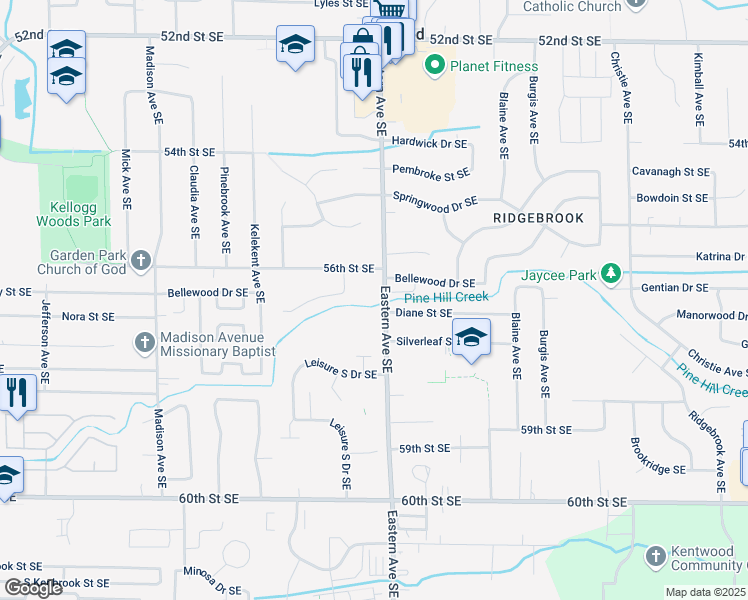 map of restaurants, bars, coffee shops, grocery stores, and more near 5635 Eastern Avenue Southeast in Kentwood