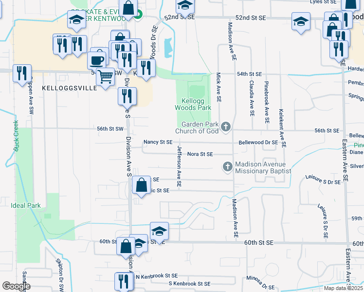 map of restaurants, bars, coffee shops, grocery stores, and more near 5670 Jefferson Avenue Southeast in Kentwood