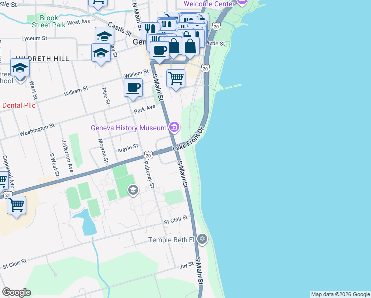 map of restaurants, bars, coffee shops, grocery stores, and more near 573 S Main St in Geneva