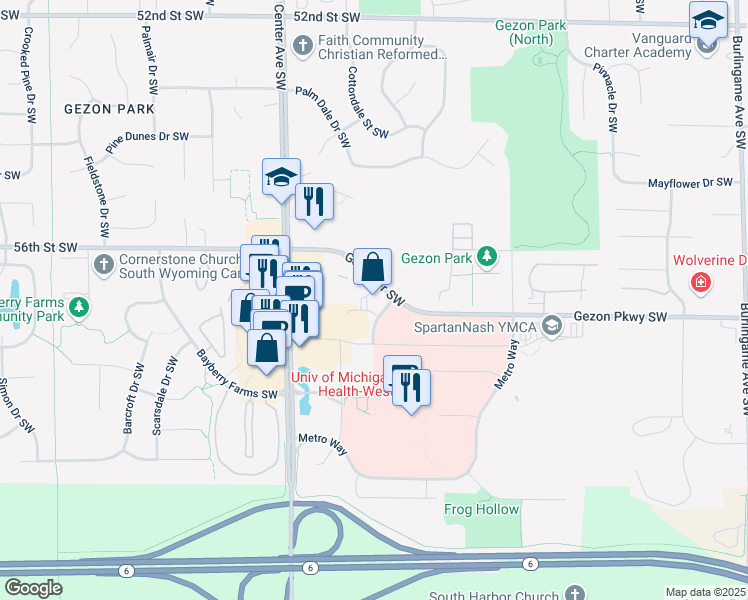 map of restaurants, bars, coffee shops, grocery stores, and more near 2260 Gezon Parkway Southwest in Wyoming