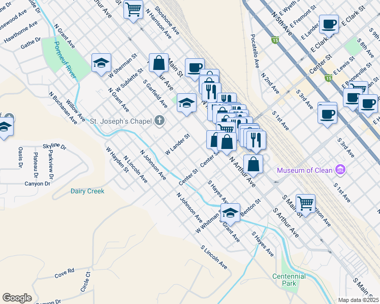 map of restaurants, bars, coffee shops, grocery stores, and more near 217 North Hayes Avenue in Pocatello