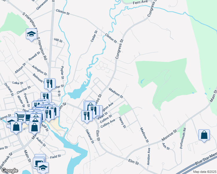 map of restaurants, bars, coffee shops, grocery stores, and more near 9 Madison Street in Amesbury