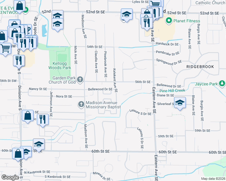 map of restaurants, bars, coffee shops, grocery stores, and more near 5656 Kelekent Avenue Southeast in Kentwood