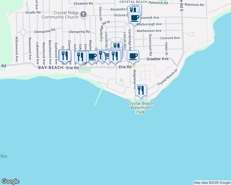 map of restaurants, bars, coffee shops, grocery stores, and more near 23 Promenade Way in Fort Erie