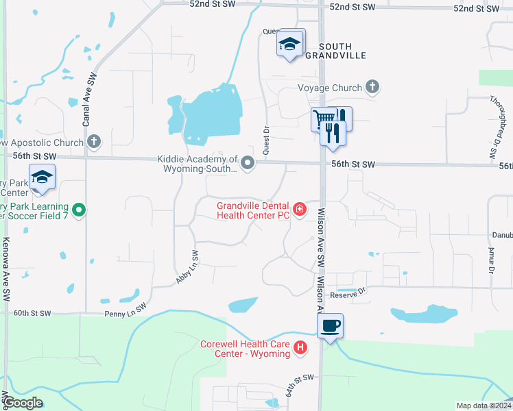 map of restaurants, bars, coffee shops, grocery stores, and more near 4131 Ayrshire Drive Southwest in Wyoming