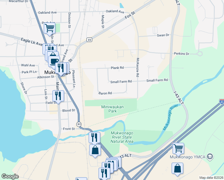 map of restaurants, bars, coffee shops, grocery stores, and more near 526 Baron Road in Mukwonago