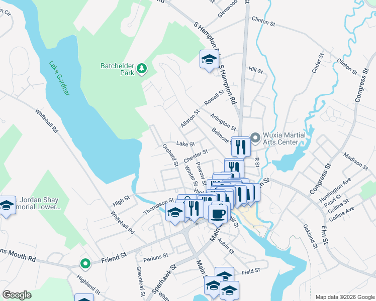 map of restaurants, bars, coffee shops, grocery stores, and more near 17 Chester Street in Amesbury