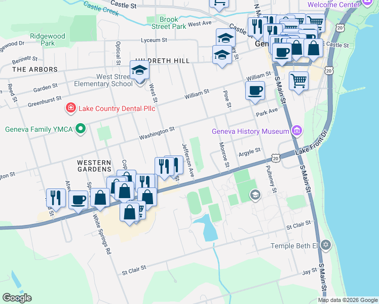 map of restaurants, bars, coffee shops, grocery stores, and more near 39 Jefferson Avenue in Geneva