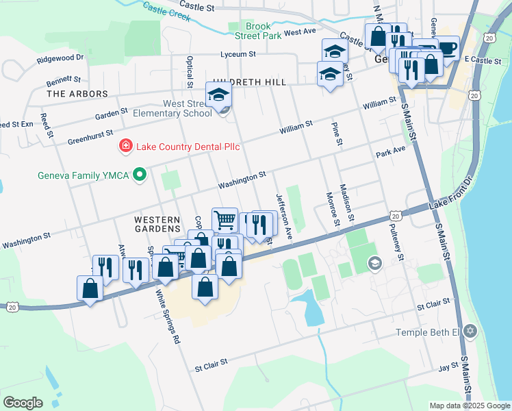 map of restaurants, bars, coffee shops, grocery stores, and more near 169 South West Street in Geneva