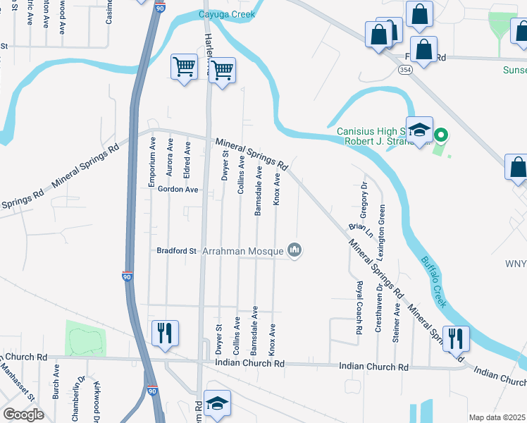 map of restaurants, bars, coffee shops, grocery stores, and more near 232 Barnsdale Avenue in Buffalo