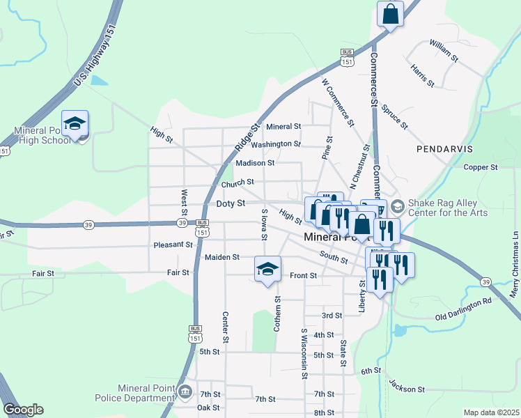 map of restaurants, bars, coffee shops, grocery stores, and more near 107 South Iowa Street in Mineral Point